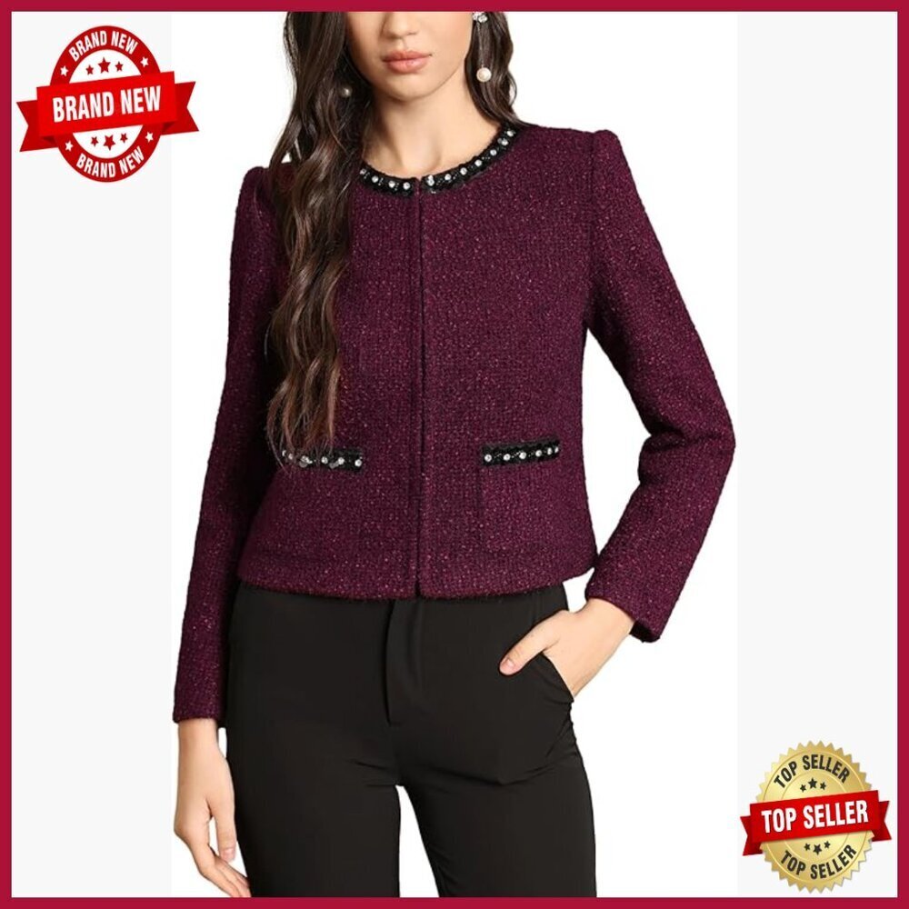 Sequin Tweed Blazer Cropped Fit Hook Closure Party Business Casual